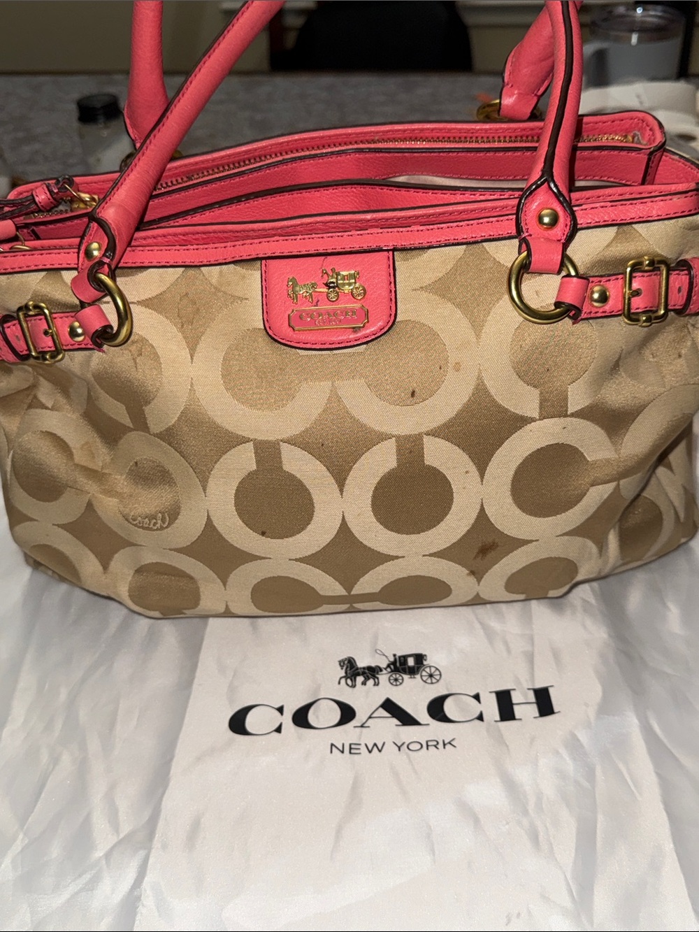 Coach Beige Signature Shoulder Bag with Pink Trim